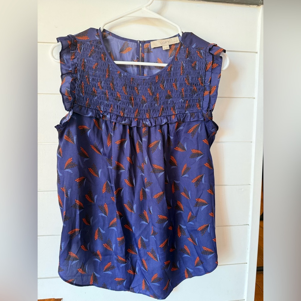 LOFT Navy and Orange Patterned Sleeveless Blouse